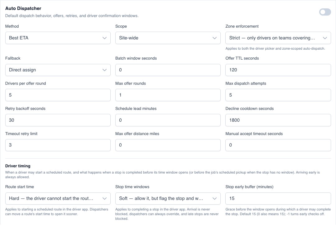 Auto Dispatcher panel with method, scope, offer settings, retry controls, and driver timing
