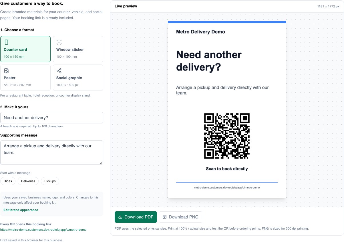 Booking Kit with Counter card selected, delivery headline and message, QR preview, booking destination, and download controls