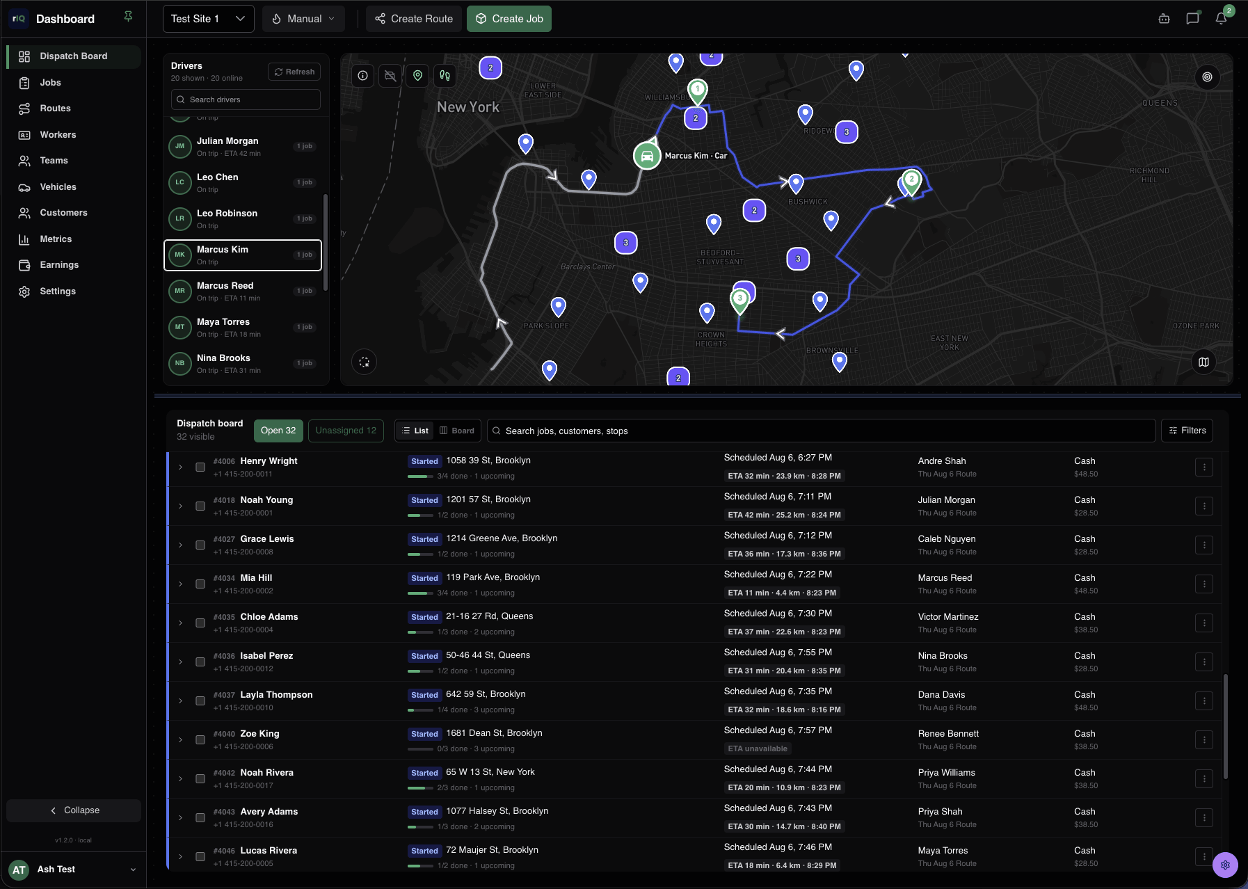 RouteIQ dispatch board in dark mode with a live map of active routes, drivers, and the day's jobs