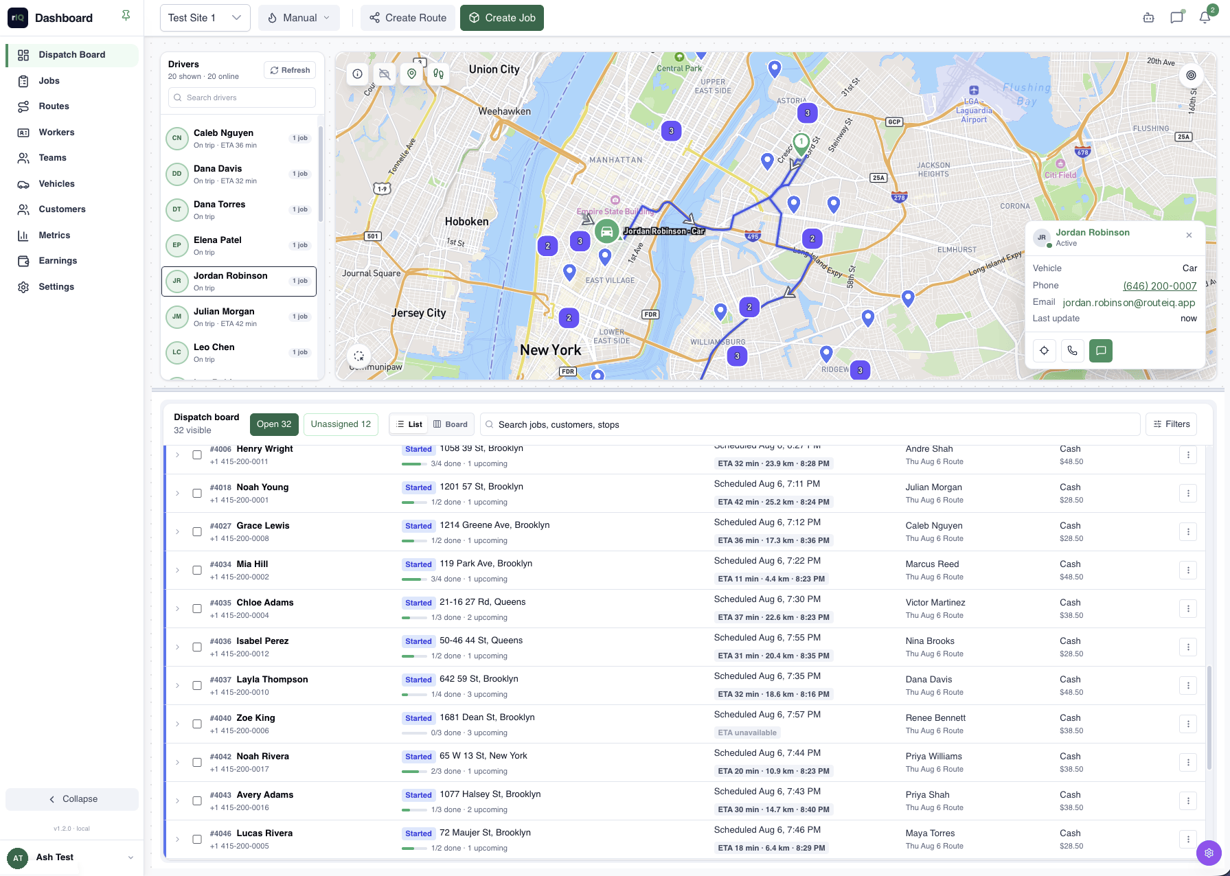 RouteIQ dispatch board showing drivers, jobs, statuses, and a live map