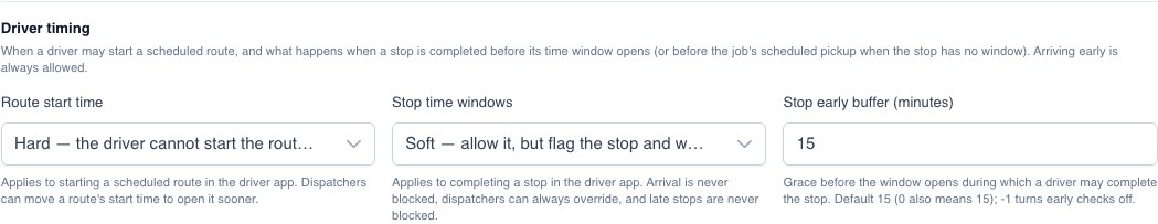 Driver timing controls for route-start enforcement, stop time windows, and the stop early buffer