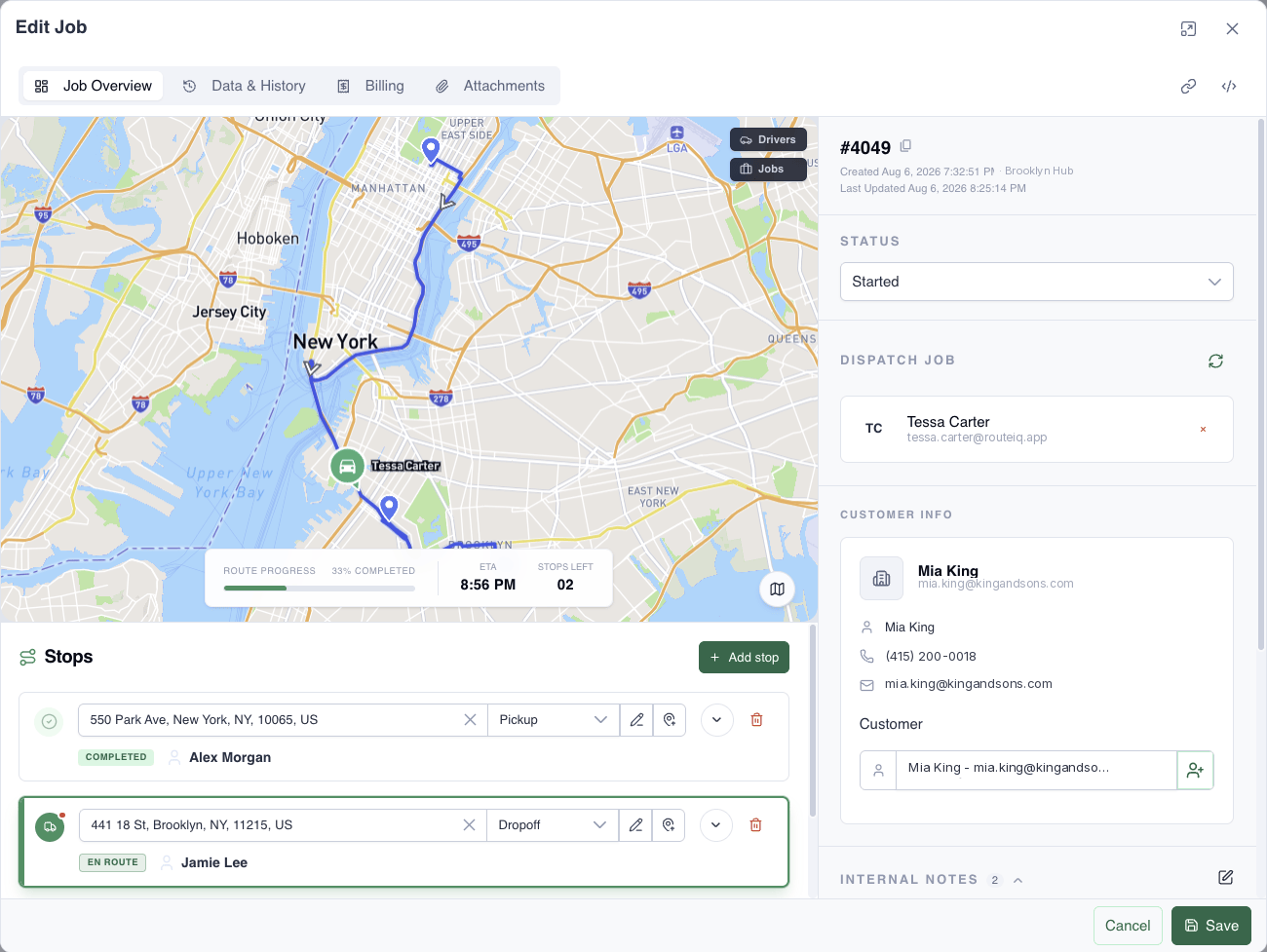 RouteIQ job editor with a live route map, ordered stops, status, dispatch, and customer details