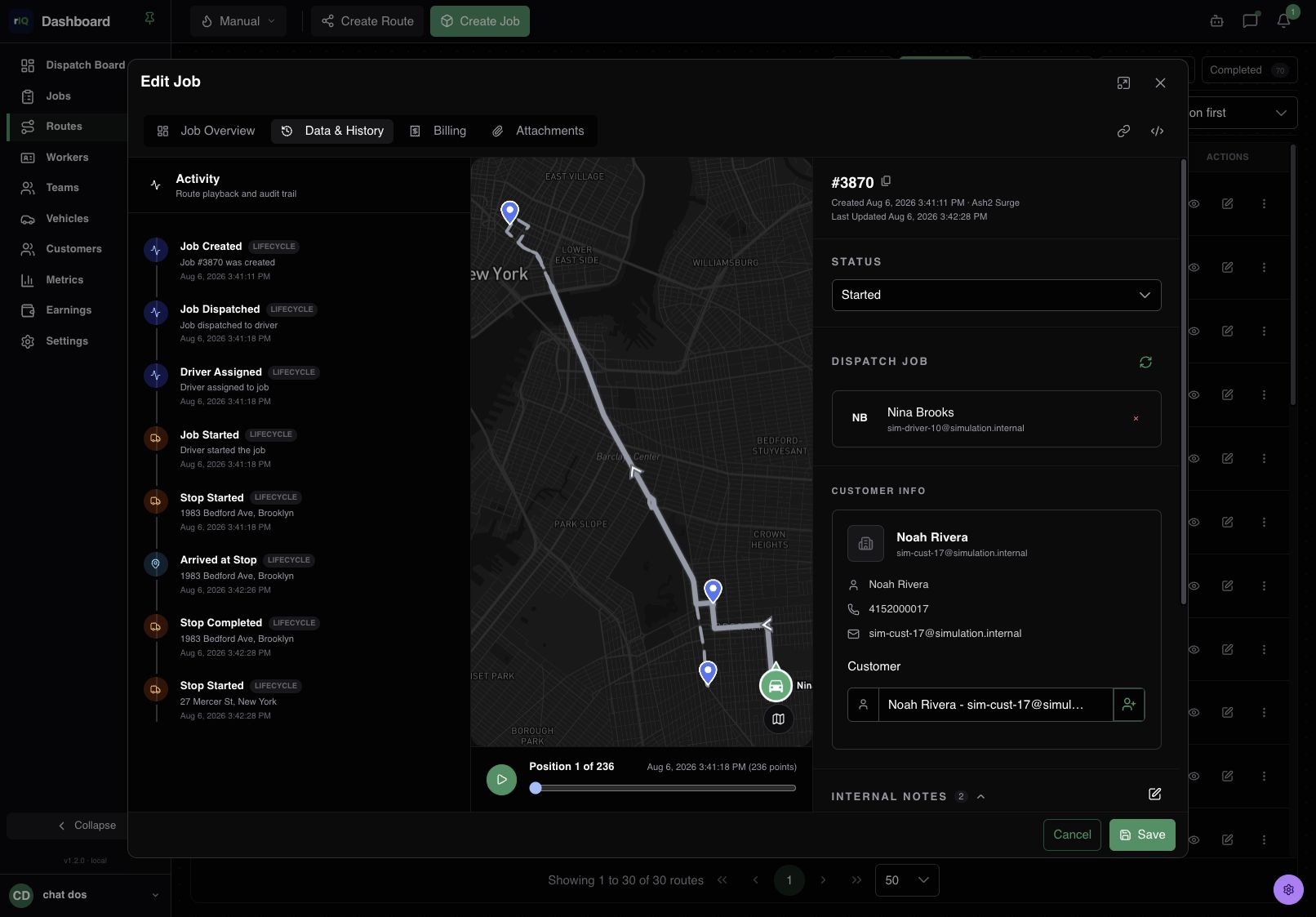 RouteIQ job activity playback showing an audit timeline and GPS route history