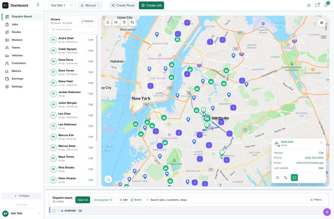 RouteIQ Dispatch Software dispatch map showing on-duty drivers, active jobs, assigned vehicles, and ETA context in an example account.