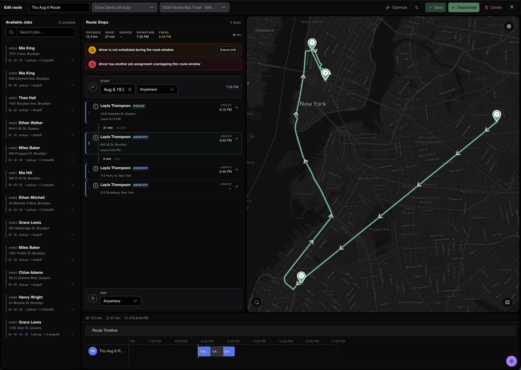 Dark RouteIQ route builder showing available jobs, ordered stops, schedule warnings, a mapped route, and a timeline