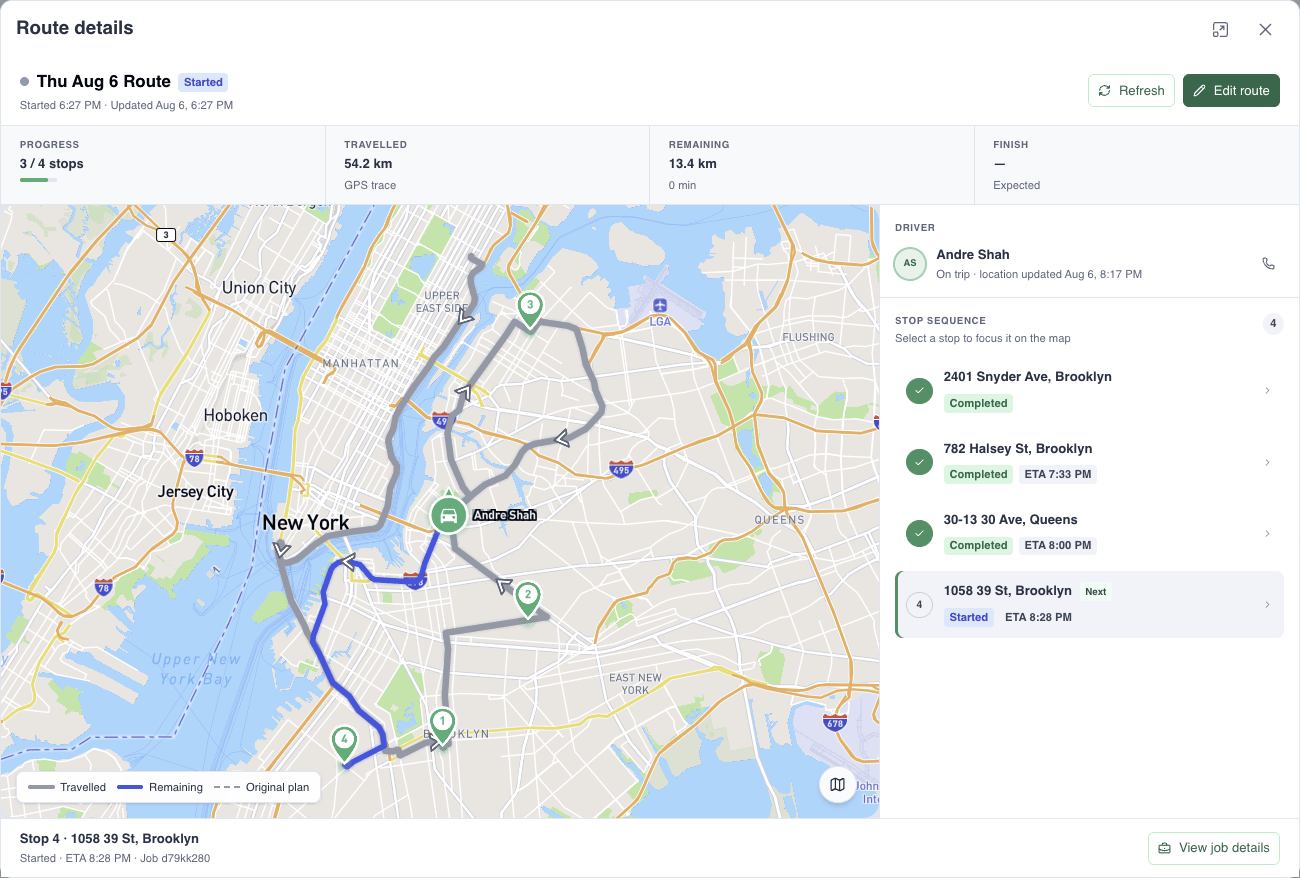RouteIQ route detail showing a live GPS trace, driver, progress, and stop sequence