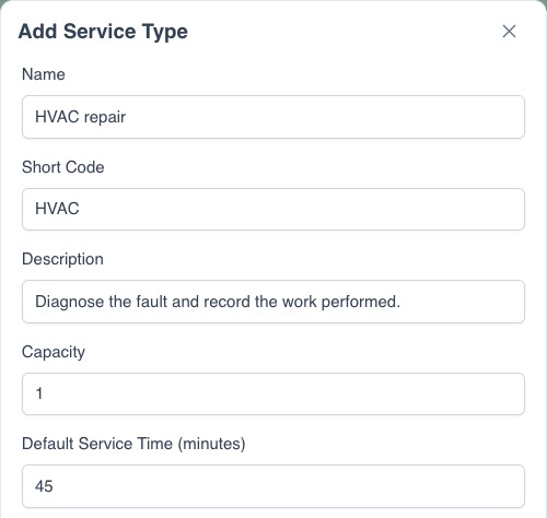 An HVAC repair service with a 45-minute default. Adjust the duration to match your operation.