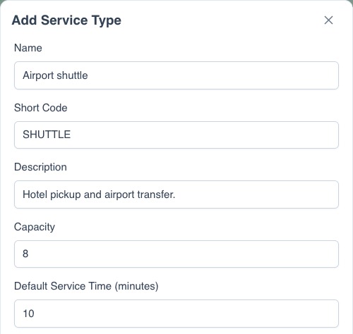 An airport shuttle service with 10 minutes allowed at each stop by default.