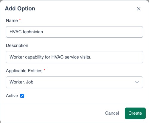 An HVAC capability option attached to workers and jobs. Your team maintains these labels.